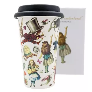 Ceramic Travel Mug With Silicone Lid Double Wall / Alice In Wonderland desigin  - Picture 1 of 3