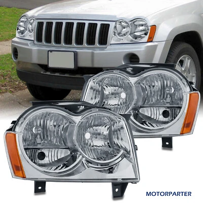 Set Chrome Headlights For 2005-2007 Jeep Grand Cherokee Headlamps Clear Lens - Image 1 of 4