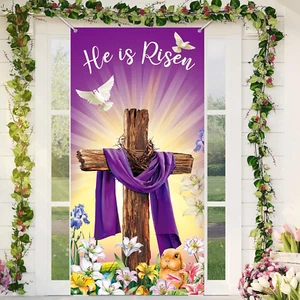 Happy Easter Day Decorations Door Cover He Is Risen Porch Sign Religious Door Co - Picture 1 of 7
