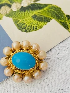 Christian Dior 1968 Vintage Turquoise Blue Cabochon White Pearls Flower, Brooch - Picture 1 of 12
