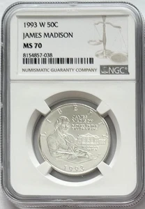1993 W James Madison Bill Of Right Commemorative Silver Half Dollar 50C NGC MS70 - Picture 1 of 2