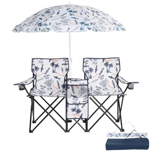 Foldable Picnic Beach Camping Double Chair+Umbrella Table Cooler Fishing Fold Up - Picture 1 of 8