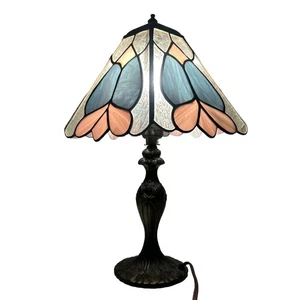 Vintage Tiffany Stil Buntglas Tischlampe 15" Floral Rosa Blau - Bild 1 von 12