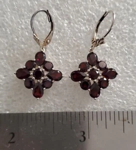Stunning Vintage Sterling Silver Garnet Leverback Dangle Earrings 925  - Picture 1 of 5
