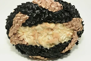 Vintage Half Hat Shiny Mauve Black Beige Flowers Crescent Helmet 1950's-60's - Picture 1 of 7