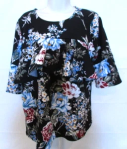 JL Jules & Leopold Damen XL schwarz mit blau-weißen Blumen Rüschen Brust Bluse - Bild 1 von 7