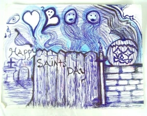 ARTWORK RICHARD "NO HANDS" ELLIS Happy All Saints Day Drawing - Picture 1 of 12