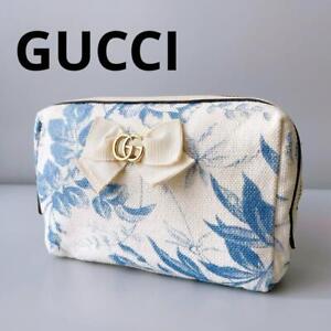 GUCCI GG Marmont Pouch Floral Pattern Herbarium Leather White Blue From Japan