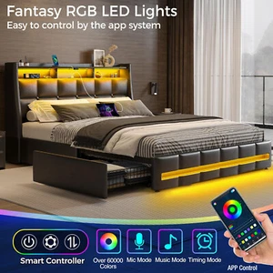 Bed Frame with 4 Drawers, Charging Station, RGB LED Light, Upholstered Headboard - Picture 1 of 13