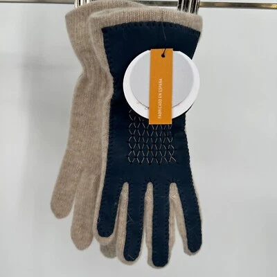 Guantes de muñeca Santacana para mujer corderos lana angora y cuero beige/azul marino NUEVO Foto 1 de 4