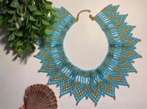 Blue Beaded Necklace Seed Bead Necklace Luxury Wide Beaded Necklace Summer Gift - Picture 1 of 6