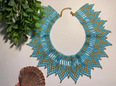 Collar de cuentas azules collar de cuentas de semillas de lujo collar de cuentas anchas regalo de verano Foto 1 de 4