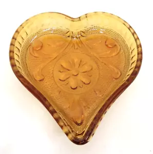 Indiana Glass Tiara Amber Heart Shaped Trinket Dish Pin Tray 3.5" Embossed - Picture 1 of 3