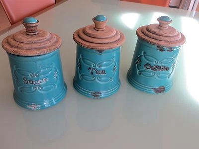 Canister Set Kitchen Flour Sugar Coffee Tea Ceramic Vintage Distressed Cans Jars - Image 1 of 4