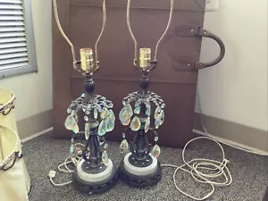 Antique/vintage Table Lamps Pair, Brass, Marble, Crystals, Signed - Picture 1 of 9