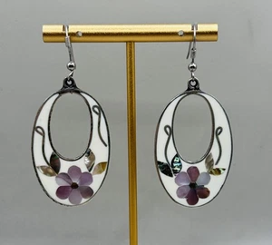 Orecchini pendenti goccia vintage Alpaca Messico argento beige abalone floreale - Foto 1 di 3