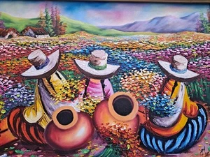 Peruvian Art Painting Oil On Cambas Women Picking Flowers 25" X 17 - Picture 1 of 16