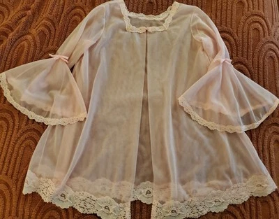 Sheer Baby Pink Mini Half Robe Vintage  Nylon Chiffon Bell Sleeve Sissy Lace Med - Image 1 of 4
