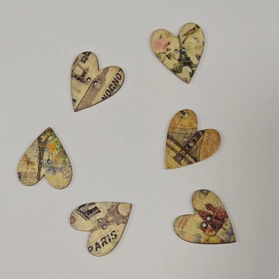 6 Wooden Heart Shaped Buttons Paris France Romantic Eiffel Tower Floral Craft - Image 1 of 3