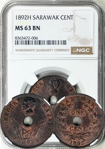 Sarawak: British Protectorate - 1892-H 1 Cent NGC MS-63 BN. Partially Red! - Picture 1 of 1