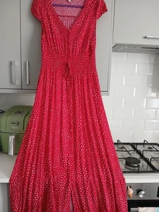 "APRICOT" RED SPOT BUTTON THROUGH CAP SLEEVE MAXI DRESS SZ 10 BNWOT - Picture 1 of 16