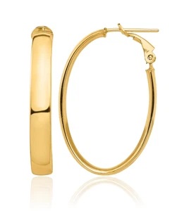 14K Solid Yellow Gold 5mm Oval Omega Clip Back Medium Hoop Earrings - Picture 1 of 11