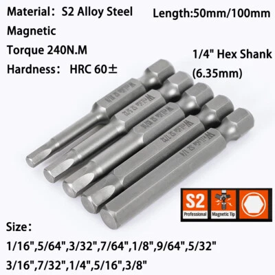 Hex Head Allen Wrench Drill Bit Set Screwdriver SAE S2 Steel 1/4" Hex Shank - Image 1 of 4