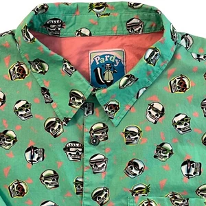 Pardy Time Mens Radical Visions Skull Short Sleeved Button Up Size 2XL XXL Green - Picture 1 of 8