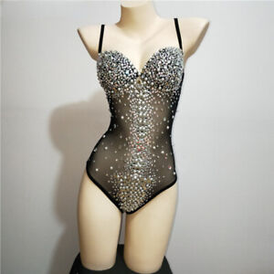 Sparkly Rhinestones See-through Bodysuit Sexy Backless Mesh Jumpsuit Costume
