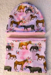 Beanie Mütze zweilagig ♥ Loop Schal ♥ 2 Tlg Set ♥ Pferdchen ♥ Rosa ♥ hamdmade - Bild 1 von 4
