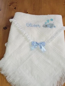 Coperta bambino scialle semplice o ricamato elefante + bolle opzionali fiocco costola in pizzo - Foto 1 di 19