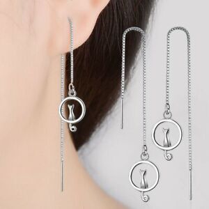 Silver Cute Cat Ear Line Long Tassel Earrings Drop Dangle Women Jewelry 2021