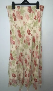 Laura Ashley Vintage 90s Lemon & Pink Floral 100% Silk Long Maxi Floaty Skirt 16 - Picture 1 of 6