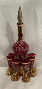 Decanter + 6 Glasses Italian Red Hand Painted Vintage - Picture 1 of 23