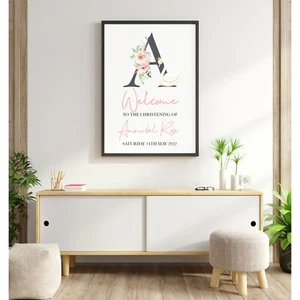 Christening Baptism Welcome Sign Poster Personalised Naming Communion Pink Swan - Picture 1 of 6