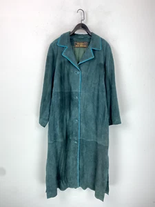 Janet Ibbotson Vintage Long Suede Coat Green Long Sleeve Button Closure Size 14 - Picture 1 of 9