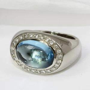 Anillo En 585 Oro Blanco 14 Quilates Con Topacio Azul Cabujón Diamante Brillante - Imagen 1 de 1