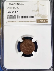 CHINA 1906 CHEKIANG 2 CASH NGC MS 64 BN Top Pop - Picture 1 of 5