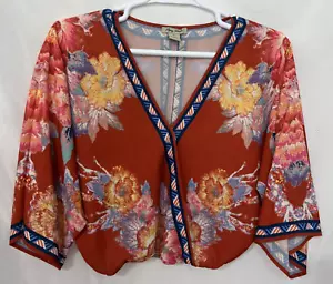 Flying Tomato M Orange Floral Boho Blouse Crossover Front Elastic Waist Cropped - Picture 1 of 9