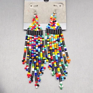 Native Multicolor Seed Beaded Drop Chandelier Tassel Earrings 4" Fishhook Boho - Picture 1 of 5