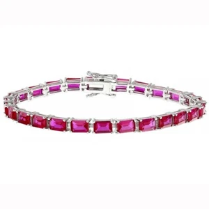 19.13 Ctw Emerald Cut Lab Created Ruby 14K White Gold Plated Tennis Bracelets - Picture 1 of 4