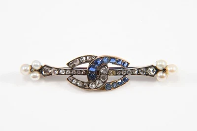 N94L11- Gold 750 18kt Brosche mit Altschliff Diamanten Saphiren Perlen  - Bild 1 von 4