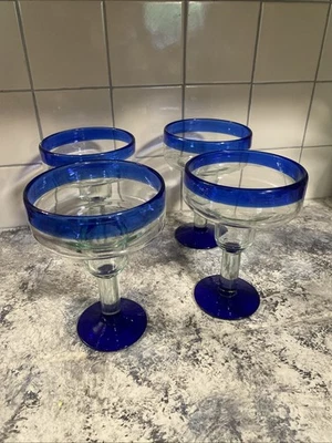 Juego de 4 vasos grandes de margarita vintage mexicanos soplados a mano azul cobalto de 7” LEER Foto 1 de 4