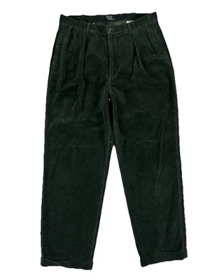 VTG Polo Ralph Lauren Corduroy Trouser Dark Green USA Wide Leg Rolled Cuff 33/34 - Image 1 of 4