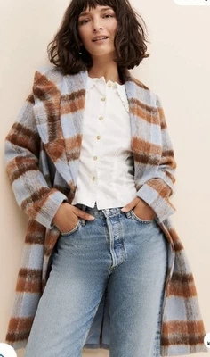 Женское пальто ANTHROPOLOGIE «If By Sea» синее коричневое клетчатое двубортное размер XL - Изображение 1 из 4