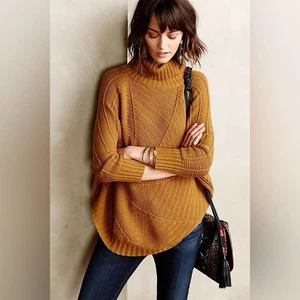 Anthropologie Angel of the North Harvest Moon Poncho Sweater Mustard Size L - Picture 1 of 12