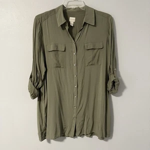 Blusa Top Chico’s Verde Salvia Manga con Pestaña Redonda Bolsillo Pintuck Abotonado 2/12 - Imagen 1 de 9