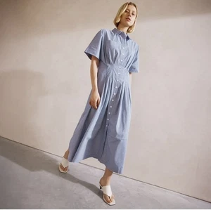 BNWT Albaray Blue Ticking Striped Pleat Dress Size 12 Organic Cotton Rep £99 - Picture 1 of 6