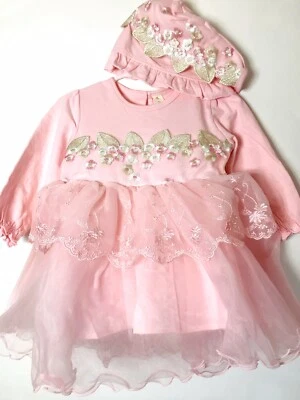 Bebé Niña Floral Formal Fiesta Vestido Piloto Gorra Conjunto 12-18 M Rosa Manga Larga Foto 1 de 4