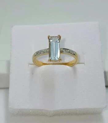 14k Gelbgold Natürlich Blau Aquamarin Und Diamanten Solitär Verlobungsring - Bild 1 von 4